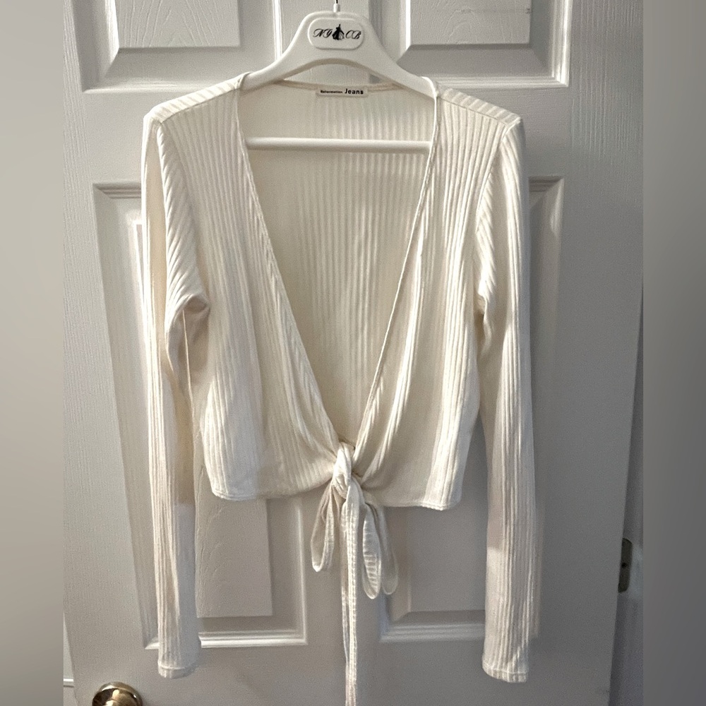 Reformation White Ribbed Tie-Front Blouse